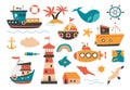 Kids ship, sailboat and submarine. Isolated scandinavian lighthouse, flying seagull and beach house. Cartoon flat palm