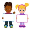 Kids with Signs. Bricht Kids. Frame Board. Clipart. Child meeting frame white board.