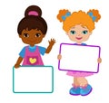 Kids with Signs. Frame Board. Child meeting frame white board.