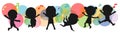 Kids silhouettes dancing, Child dancing break dance. children silhouettes jumping on background colorful isolated vector