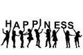 Kids silhouettes holding letters with word HAPPINESS Royalty Free Stock Photo