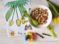 Kids simple breakfast cereal scene with tulips artwork