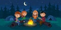 Kids sit around a campfire in the wood at night with marshmallows and tell stories