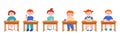 Kids sitting at desk. Study student, isolated lesson school characters. Classroom children, cute cartoon pupils. Small Royalty Free Stock Photo