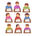 Kids Sitting at Desk and Writing Letters in Notebook Set, Elementary School Students Learning to Write Cartoon Vector Royalty Free Stock Photo