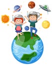 Kids sitting on earth in astronomy theme