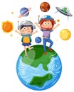 Kids sitting on earth in astronomy theme