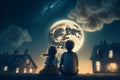 Kids sitting on roof at night, little boy and girl looks at moon in sky, generative AI