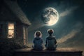 Kids sitting on roof at night, little boy and girl looks at moon in sky, generative AI