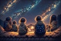 Kids sitting on roof at night little boy and girl looks at stars on sky by AI Generated Royalty Free Stock Photo