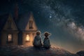 Kids sitting on roof at night, little boy and girl looks at stars on sky, generative AI