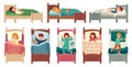 Kids sleeping in beds. Child sleeps in bed on pillow, young boy and girl asleep. Bedtime vector illustration set