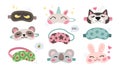 Kids sleeping masks set. Cute animals faces masks - koala, unicorn, ninja, bunny, panda, husky dog.