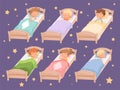 Kids sleeping. Quiet hour in kindergarten blanket childrens bedroom rest of boys and girls relaxing bedding vector