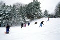 Kids sleigh riding on snow covered slope