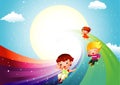 Kids sliding on rainbow