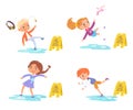 Kids slip on slippery wet floor of room set, student girl boy children run and fall down Royalty Free Stock Photo