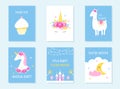 Kids Slumber and Birthday Party Invites. Unicorn, Llama and Cupcake Themes. Vector Design