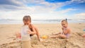 Kids Small Girl Boy Gambol Make Sand Cake on Beach