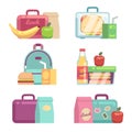 Kids snacks. School lunch boxes vector set Royalty Free Stock Photo