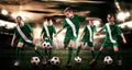 Kids - soccer champions. Boys in football sportswear on stadium with ball. Sport concept with soccer team.