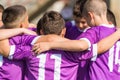 Kids soccer football - children players celebrating after victo Royalty Free Stock Photo