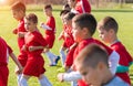 Kids soccer football - children players exercising before match