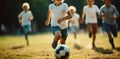 Kids soccer football - young children players match on soccer field Royalty Free Stock Photo