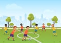 Kids soccer game. Boys playing soccer football on the school sport field. Cartoon vector illustration. Royalty Free Stock Photo
