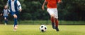 Kids Soccer Tournament Game. Children Boys Compete in Duel on Football Match. Ball Kick Moment Royalty Free Stock Photo
