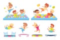 Kids in soft pool. Children jump on trampolines. Boys and girls in playroom. Babies have fun on playground. Young people