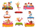 Kids soft pool. Happy children play with big color toy figure and jump on trampolines. Boys and girls in playground