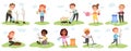 Kids sorting garbage and planting trees, environment protection scenes. Children take care of environment vector Royalty Free Stock Photo