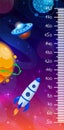 Kids space height chart, cosmic wall meter with cartoon fantasy planets and rocket. Vector template.