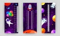 Kids space height chart. Cosmic wall meter with flying astronaut, rocket and fantasy planets.