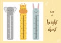 Kids space height chart. Cute wall meter with funny animals. Vector template. Cartoon zoo. Design of children`s products