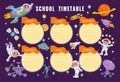 Kids space planner. Childish school timetable with astronauts or different planets. Cartoon moon rovers. Cosmic stations