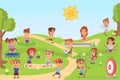 Kids sport activities in park. Sports child, healthy children on playground. Outdoor athletics play, cartoon girl