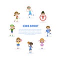 Kids Sport Banner Template with Space for Text, Cute Boy and Girls Engaged in Various Sports Vector Illustration