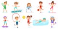 Kids sport exercise, children workout, boy and girl fitness characters. Children playing sports, swimming and tennis