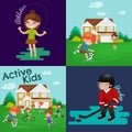 Kids sport, isolated boy and girl playing active games vector Royalty Free Stock Photo