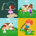 Kids sport, isolated boy and girl playing active games vector