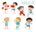 Kids and sport, Kids playing various sports on white background , Cartoon kids sports, boxing, football, tennis, Taekwondo, karate