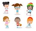 Kids and sport, Kids playing various sports on white background , Cartoon kids sports,running, football, tennis, Taekwondo, karate