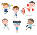 Kids and sport, Kids playing various sports on white background,swimming, boxing, football, tennis, karate, Darts, Vector