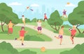 Kids sport outdoor. Children play in park playground. Girl with kite, boy playing football and baseball. Flat summer Royalty Free Stock Photo