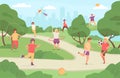 Kids sport outdoor. Children play in park playground. Girl with kite, boy playing football and baseball. Flat summer activity Royalty Free Stock Photo