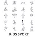 Kids sport, play, children sports, football, basketball, running, jumping, team line icons. Editable strokes. Flat