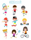 Kids and sport, Kids playing various sports, Cartoon children sports football, Swimming, Baseball,tennis, Weight-lifting,badminton