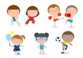 Kids and sport, Kids playing various sports on white background , Cartoon kids sports Royalty Free Stock Photo